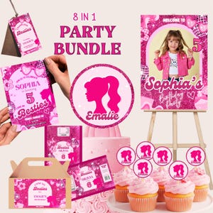 Könnte beinhalten: Ein 8-in-1 Party-Bundle mit rosa Thema. Enthält Einladungen, ein Willkommensschild, Tortenaufleger, Cupcake-Topper und eine Geschenkbox. Der Text enthält "Sophia's Birthday Party" und "Besties".