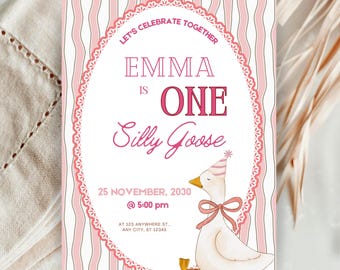 Bewerkbare sjabloon roze streep Silly Goose 1e verjaardag