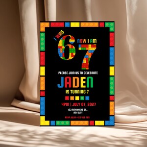 May include: A birthday invitation with a black background and colorful block-style borders. The invitation reads "I WAS 6, NOW I AM 7" with the name "Jaden" and the date and time of the party. The invitation is for a 7th birthday.