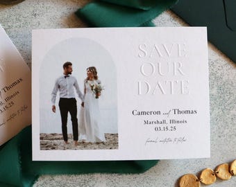 Photo Save the Date Card, Modern Embossed Arch Design with Couple Photo