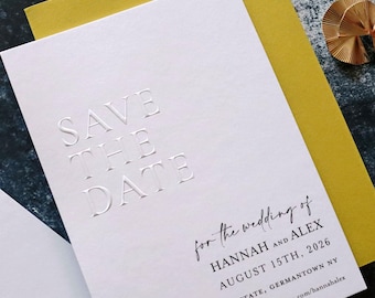 Minimal White Embossed Save the Date, Emboss Wedding Invitation