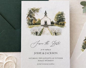 Venue Illustration Save the Date, Custom Watercolor Wedding Invitation