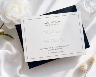 Minimal Embossed Save the Date Card, Elegant Wedding Invitation, Modern Simple Design, Luxury Emboss Stationery