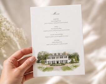 Custom Wedding Menu Card, Watercolor Venue Illustration, Romantic Dinner Menu