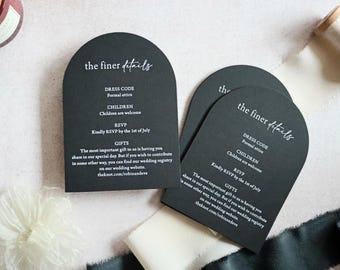 Arch Wedding Details Card, Modern Black Minimal Insert, Elegant Information Card