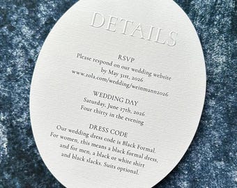 Oval Wedding Details Card, Embossed Luxury Stationery Insert, Emboss RSVP Card