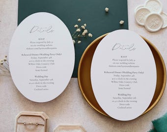 Oval Wedding Details Card, Elegant Minimalist Wedding Insert, Classic Formal Invitation Suite