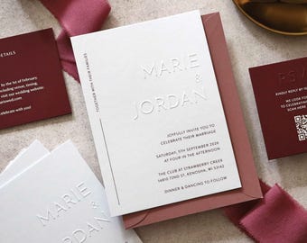 Embossed Wedding Invitation Suite, Modern Elegant Letterpress Invite