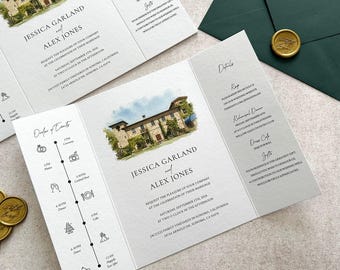 Trifold Wedding Invitation with Watercolor Venue Illustration, Custom Venue Sketch Invite