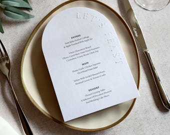 Arch Wedding Menu Card, Embossed Minimalist Reception Menu, Modern Table Setting