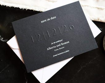 Black Emboss Save the Date Card, Minimal Embossed Wedding Announcement