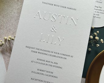 Minimalist Embossed Wedding Invitation Suite, Oval Details Card, Luxury Blind Emboss Invite