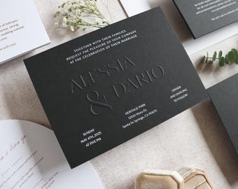 Modern Black Embossed Wedding Invitation, Minimal Luxe Stationery Suite