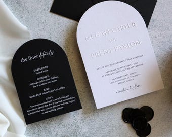 Black and White Arch Emboss Wedding Invitation, Modern Minimal Embossed Invite