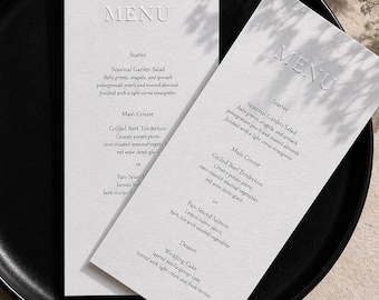 Minimalist Emboss Wedding Menu Card, Elegant Reception Menu, Modern Table Decor