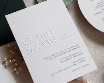 Modern Emboss Wedding Invitation, Minimal Luxury Embosed Invite, Oval Details Card