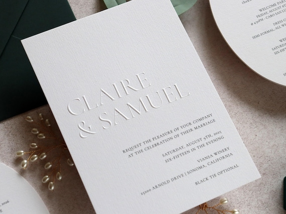 Modern Emboss Wedding Invitation, Minimal Luxury Invite, Oval Details Card