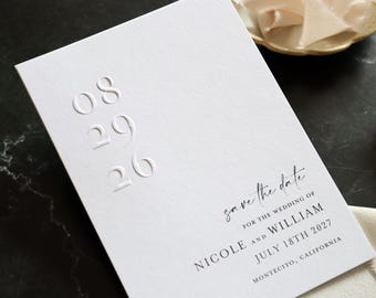 Minimal Embossed Save the Date Card, Elegant Wedding Invitation, Modern Simple Design, Luxury Emboss Stationery