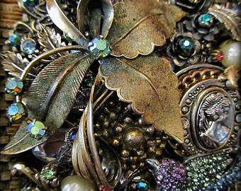 Vintage Crystal Jewelry-Swarovski Crystals,Antique Gold and Crystals-Vintage Collage Assembladge-Handcrafted Necklace