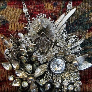 Vintage Statement Necklace,Antique Silver And Vintage Crystal Jewelry-Handcrafted Glamourous Collage Assembladge,One Of A Kind