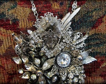 Vintage Statement Necklace,Antique Silver And Vintage Crystal Jewelry-Handcrafted Glamourous Collage Assembladge,One Of A Kind
