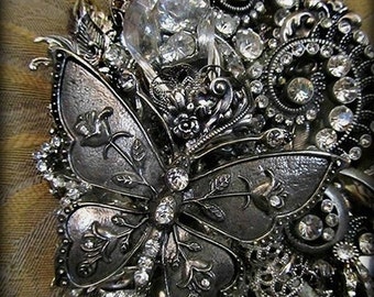 Rhinestone Butterfly Necklace-Swarovski Crystals,Antique Silver,Vintage Crystal Collage Assembladge Jewelry