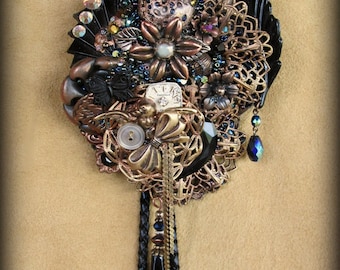 Statement Bolo Tie Necklace-Antique Copper-Antique Brass-Crystals-Filigree-Cherub-