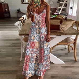 Boho Spaghetti Strap Long Dress – Flowy Maxi Spring Summer Dress, Free Shipping
