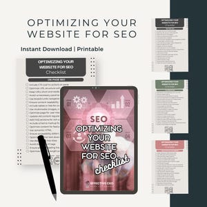 Könnte beinhalten: Eine Checkliste für digitales Marketing mit dem Titel "Optimierung Ihrer Website für SEO" wird auf einem Tablet angezeigt. Das Bild enthält einen Stift und mehrere Checklisten. Der Text "Sofort-Download | Druckbar" ist ebenfalls sichtbar.
