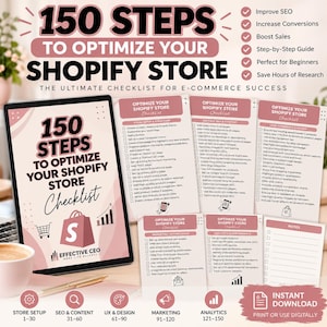 Checkliste zur Shopify-Shop-Optimierung, 150-Schritte-Anleitung zur E-Commerce-Einrichtung, SEO-, Marketing-, Conversion- und Vertriebsplaner (PDF)