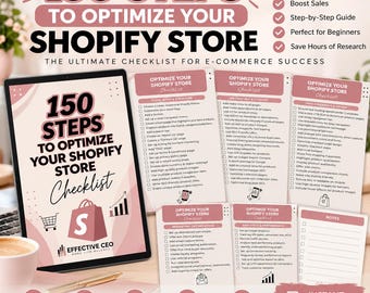 Lista de verificación para la optimización de tiendas Shopify, guía de configuración de comercio electrónico en 150 pasos, planificador de SEO, marketing, conversión y ventas en formato PDF.
