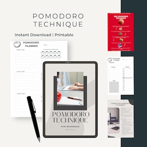 Peut inclure: Téléchargement numérique sur la technique Pomodoro. L'image comprend une tablette avec un mini-cahier, un planificateur et un graphique rouge. Le texte indique "Pomodoro Technique" et "Téléchargement instantané | Imprimable".
