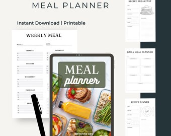 Printable Meal Planner: Weekly Menu, Recipes, Grocery List (Digital Download