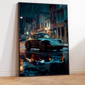 Poster Porsche 911 Rainy Night | Décoration murale Porsche | Photo reflet Porsche classique | Voiture urbaine Porsche à télécharger