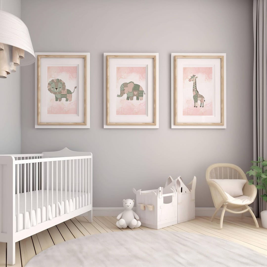 Safari Animal Nursery Print Set: Patchwork Lion, Elephant, Giraffe ...