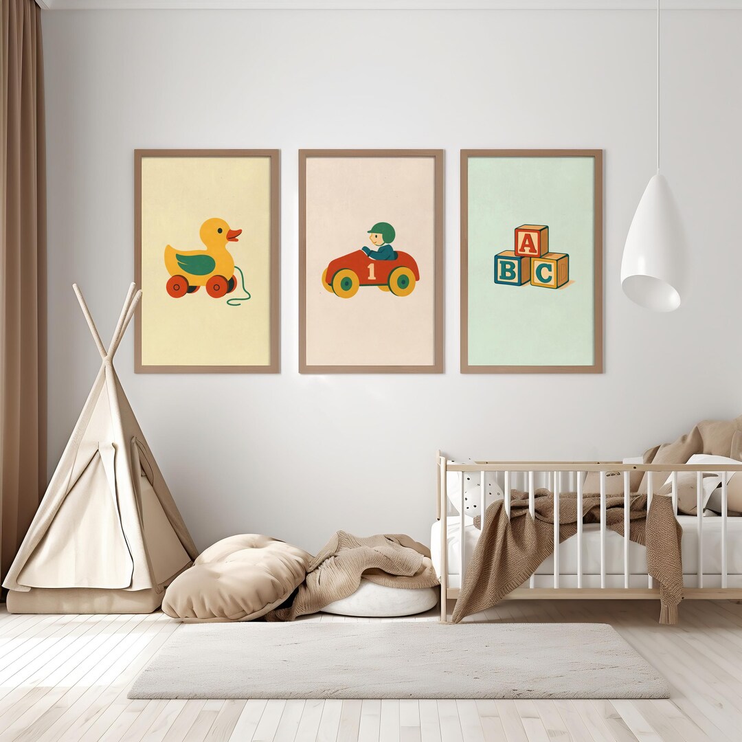 Vintage Toy Nursery Wall Art Set | Retro Baby Room Prints | Playroom ...