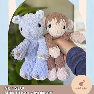 May include: Two plush crochet toys, a light blue hippo and a brown and beige monkey, featuring soft yarn textures and black safety eyes. The image includes the text @crochet.by.beck, NO-SEW MINI HIPPO / MONKEY, and DIGITAL DOWNLOAD CROCHET PATTERN.