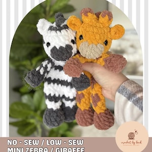 May include: A crocheted zebra and giraffe plush toy are held. The zebra is white and black, and the giraffe is yellow and brown. The image text reads "NO - SEW / LOW - SEW MINI ZEBRA / GIRAFFE DIGITAL DOWNLOAD CROCHET PATTERN."