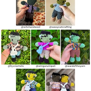 May include: A collection of seven crocheted Frankenstein-style monster dolls in various yarn colors and outfits. Each doll features a flat-topped head, stitched facial details, and a plush texture. The image includes the text TESTER APPRECIATION.