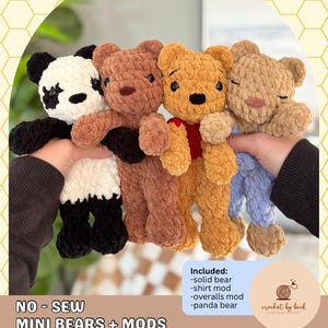 May include: Four crocheted plush bears in different styles: a black and white panda bear, a solid brown bear, a golden-yellow bear with a red shirt, and a light brown bear wearing blue overalls. Text reads: NO-SEW MINI BEARS + MODS DIGITAL DOWNLOAD.