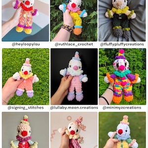 May include: A collage titled TESTER APPRECIATION featuring nine distinct handmade crochet clown dolls. Each plush toy displays a unique color combination, including variations of pink, yellow, blue, green, and red yarn, with a ruffled collar and hat.