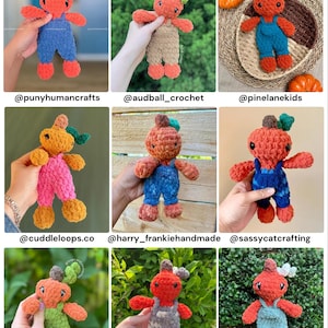 May include: A collection of nine handmade crochet pumpkin dolls, each featuring a round orange head with a green stem, black eyes, and wearing colorful overalls in various textures and shades including blue, pink, tan, green, and camouflage patterns.