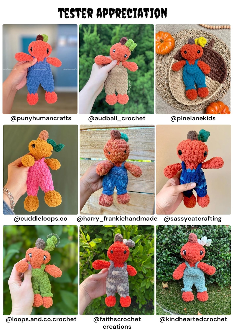 May include: A collection of nine handmade crochet pumpkin dolls, each featuring a round orange head with a green stem, black eyes, and wearing colorful overalls in various textures and shades including blue, pink, tan, green, and camouflage patterns.