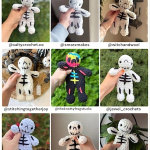 May include: A collage of nine crocheted skeleton dolls, each featuring a plush white or black body with stitched ribcage details. One doll has a multicolored head, while the others are monochromatic. Each image includes a social media handle.