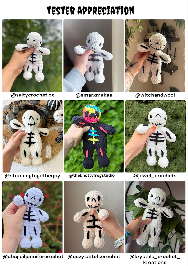 May include: A collage of nine crocheted skeleton dolls, each featuring a plush white or black body with stitched ribcage details. One doll has a multicolored head, while the others are monochromatic. Each image includes a social media handle.