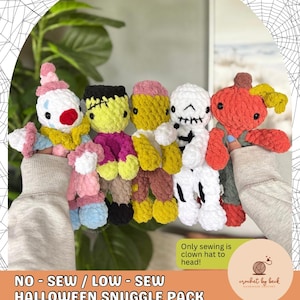 May include: A set of five plush crochet dolls including a clown, a green monster, a yellow figure, a white skeleton, and an orange pumpkin character. The text reads: NO-SEW / LOW-SEW HALLOWEEN SNUGGLE PACK DIGITAL DOWNLOAD CROCHET PATTERN.