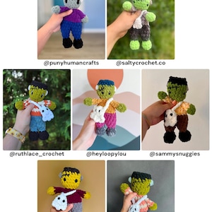May include: A collection of seven handmade crochet dolls resembling Frankenstein's monster, each featuring a black hair block, green skin, and a small white ghost-shaped crossbody bag. The dolls are dressed in various colorful yarn shirts and pants.