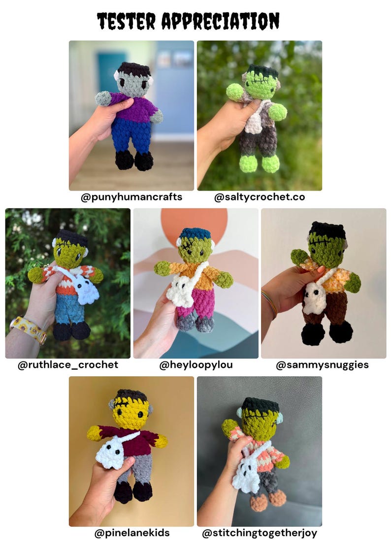 May include: A collection of seven handmade crochet dolls resembling Frankenstein's monster, each featuring a black hair block, green skin, and a small white ghost-shaped crossbody bag. The dolls are dressed in various colorful yarn shirts and pants.