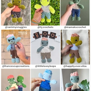 May include: A collection of nine handmade crochet plush dolls, each featuring a distinct color palette, a textured yarn body, and a pink brain-like top. The dolls are displayed in a grid format with the text TESTER APPRECIATION at the top.