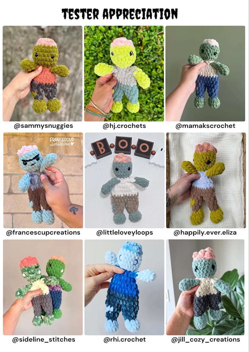 May include: A collection of nine handmade crochet plush dolls, each featuring a distinct color palette, a textured yarn body, and a pink brain-like top. The dolls are displayed in a grid format with the text TESTER APPRECIATION at the top.